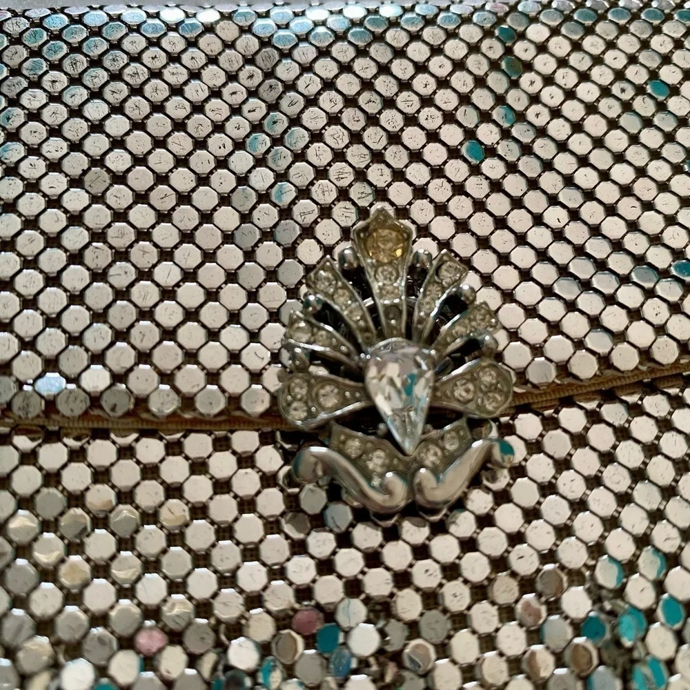Whiting & Davis Co. Vintage Silver Mesh Evening Bag Clutch Rhinestone Closure